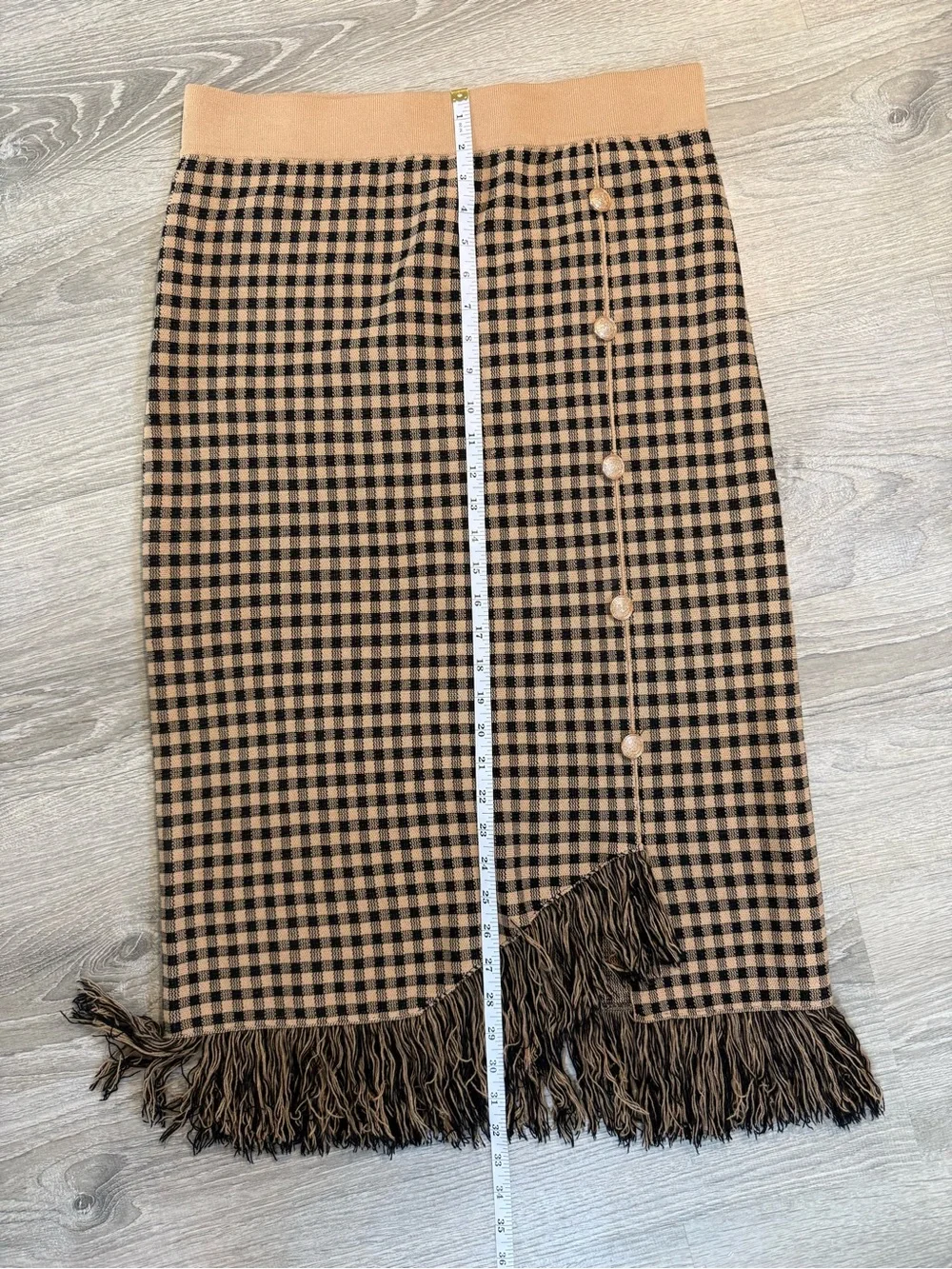 Nanette Lepore Tan and Black Checked Fringe Midi Skirt